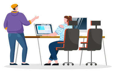 Manager speaking with office worker at her workplace. Lady sit on chair by table and type on laptop. Colleagues and teammates talking about work. Vector illustration of coworkers in flat style