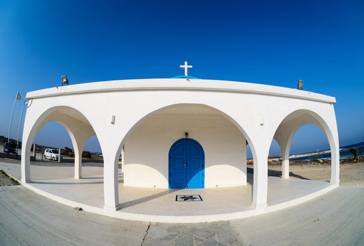 White and blue church, wide angled shot