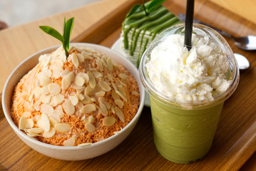 Tasty Bingsoo, Korean Style Healthy Ice Cream on the Table Wood.