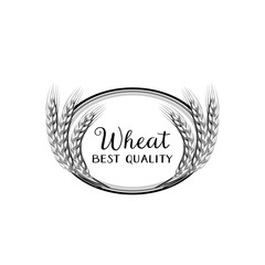 Round frame of wheat ears, spikes, stems, with inscription. Monochrome vector illustration cartoon flat icon isolated black on white.