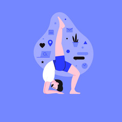 Flat and line illustration of a person practicing yoga with lifestyle icons on the backround