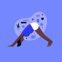 Flat and line illustration of a person practicing yoga with lifestyle icons on the backround
