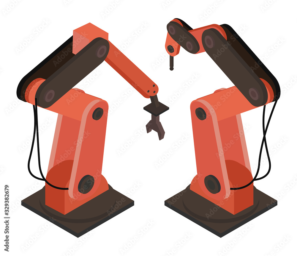 Poster two robotic mechanisms isolated on white background. smart industrial devices used in automated prod