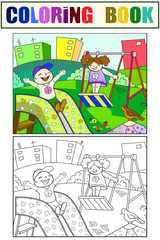 Playground, children play in the yard. Set children coloring book and color picture. Illustration