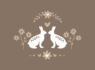 Silhouette ofpair of easter bunnies on brown background. White rabbits with an egg in vintage floral frame. Flat, cartoon, scandinavian, retro style, stock vector illustration 
