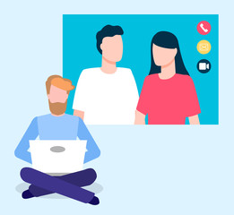 Man sit on floor with laptop. Conversation between three people by internet call with video in real time. Videoconference to talk with person remotely. Vector illustration of modern technology in flat