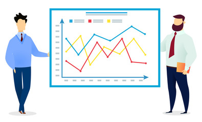 Fototapeta premium Manager presenting schema with diagrams for boss. Men stand near chart with graphic line on board about business project. Office workers on presentation of plan. Vector illustration in flat style