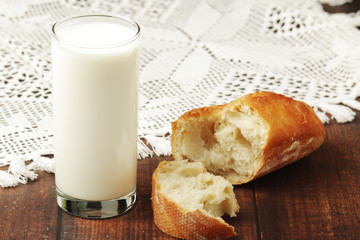 A glass of milk and wheat bread as countryside breakfast	