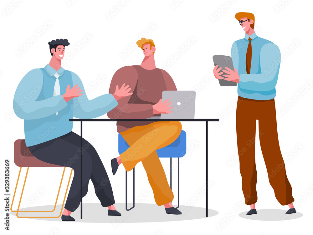 Poster people working on project. isolated character with laptops sharing ideas on business development. co