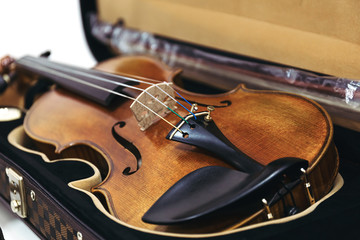 Naklejka na ściany i meble Classical violin in a dark open case.