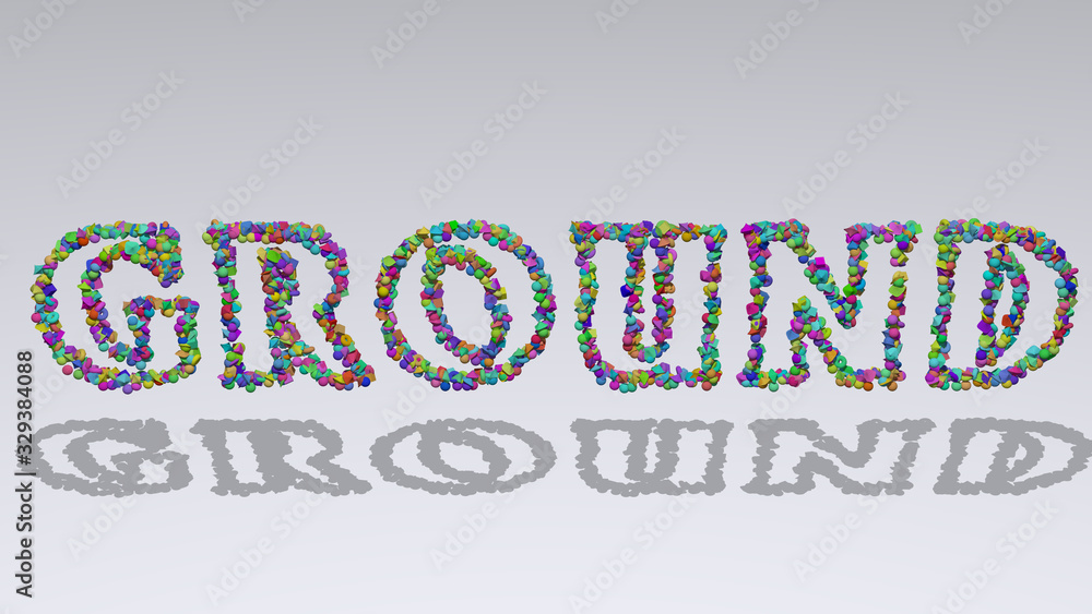 Poster ground: 3d illustration of the text made of small objects over a white background with shadows