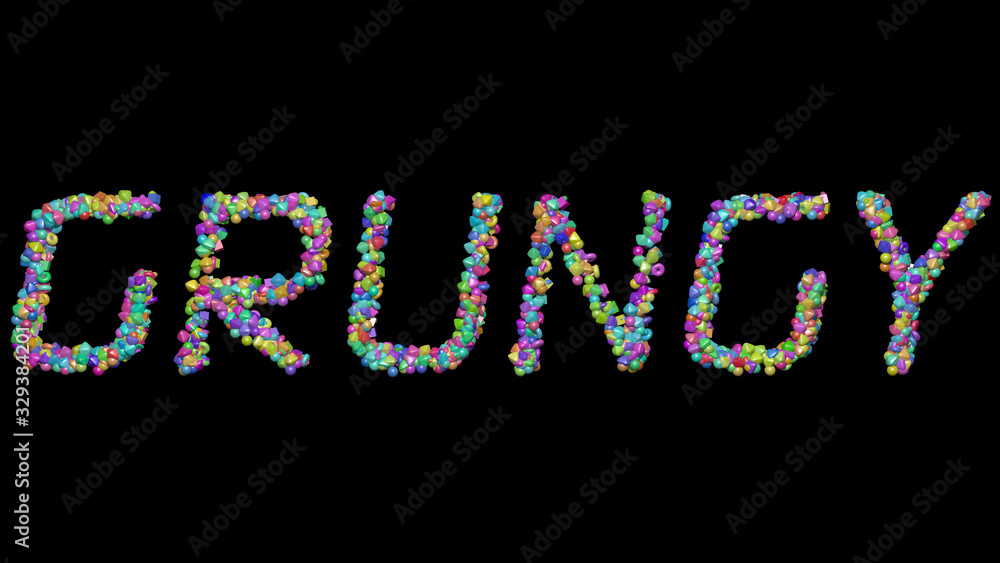 Poster grungy written in 3d illustration by colorful small objects casting shadow on a black background