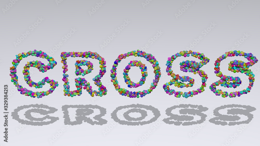 Poster cross: 3d illustration of the text made of small objects over a white background with shadows