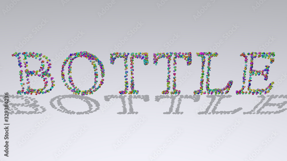 Poster bottle written in 3d illustration by colorful small objects casting shadow on a white background