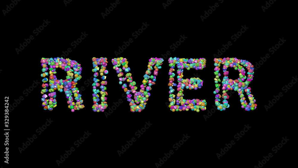 Poster colorful 3d writting of river text with small objects over a dark background and matching shadow