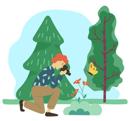 Obraz na płótnie Canvas Hobby of male character taking photo of nature. Man with camera shooting flowers and butterfly. Scenic landscape in summer with trees, spruce pine. Photographer at work, vector in flat style