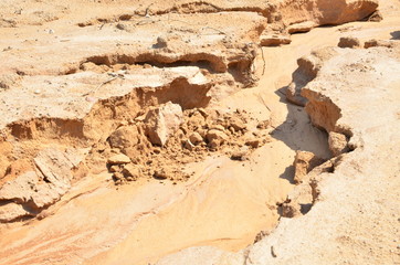 Shattered sand in the ground as a result of heavy torrential rains. Dry cracked soil of the earth due to climate change. Background or texture of the sandy cracks rock under the ground, clay, pebbles