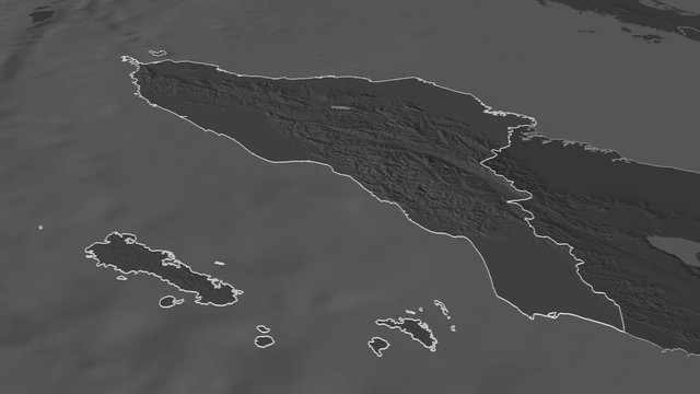 Aceh, autonomous province with its capital, zoomed and extruded on the bilevel map of Indonesia in the conformal Stereographic projection. Animation 3D