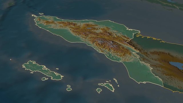 Aceh, autonomous province with its capital, zoomed and extruded on the relief map of Indonesia in the conformal Stereographic projection. Animation 3D