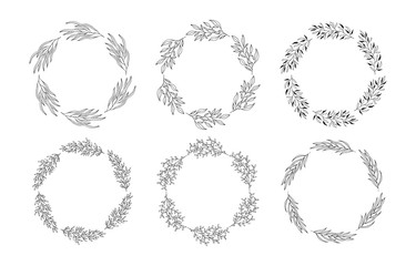Set of floral branch frames. Rustic wreaths for wedding. Vector isolated spring flourish borders.
