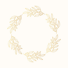 Herb wreath for wedding invitation. Golden decoration floral round frame. Vector isolated gold spring flourish border.