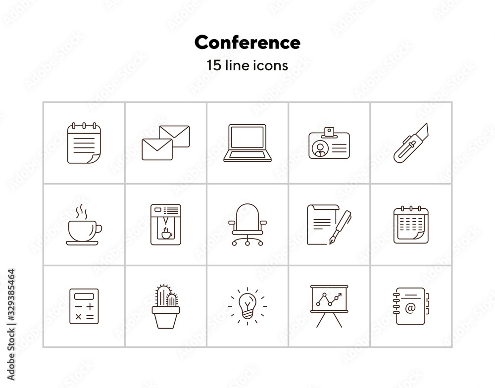 Poster Conference icon set. Line icons collection on white background. Document, coffee, report. Presentation concept. Can be used for topics like start-up, office, workplace