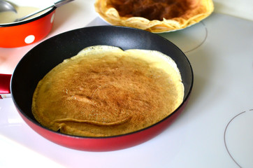 Cooking thin dairy pancakes in a frying pan on an electric stove, Shrovetide