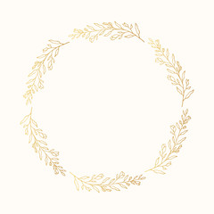 Vector isolated elegant flourish wreath. Golden floral herb border. Rustic gold invitation round frame for wedding card. 