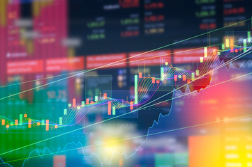 Stock market digital graph chart on LED display concept. A large display of daily stock market price and quotation. Indicator financial forex trade education background.  coins for finance concept