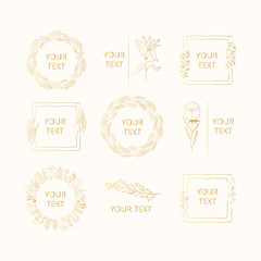 Fototapeta na wymiar Gold wreaths, frames and borders for elegant design. Collection of hand drawn golden branding, monograms with floral branches, flowers and herbs.