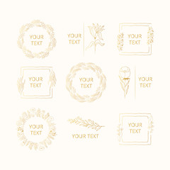 Gold wreaths, frames and borders for elegant design.  Collection of hand drawn golden branding, monograms with floral branches, flowers and herbs.