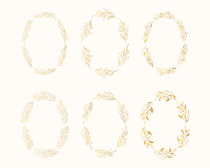 Golden floral herb oval frames set. Rustic branch gold wreaths for wedding. Vector isolated spring flourish borders.