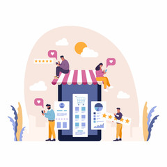 Excellent user experience customer satisfaction concept with people enjoy mobile shopping and share five star reviews. Positive experience marketing illustration with happy clients giving feedback.