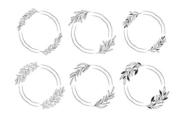 Vector isolated spring flourish frames set. Floral herb borders. Rustic branch wreaths for wedding card. 
