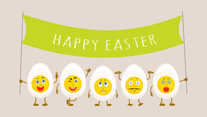 Happy Easter wish. Cute characters of half boiled eggs are holding a banner with the inscription. Vector illustration in cartoon style. Greeting card with traditional easter food.