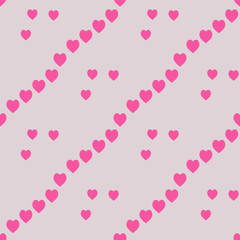 Seamless pattern with cute bright pink hearts on grey background. Vector image.