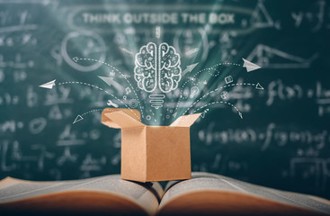 think outside the box on school green blackboard . startup  education concept. creative idea....
