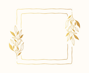 Floral square frame with golden branches. Gold botanical invitation border for wedding card. Vector isolated spring flourish card. 