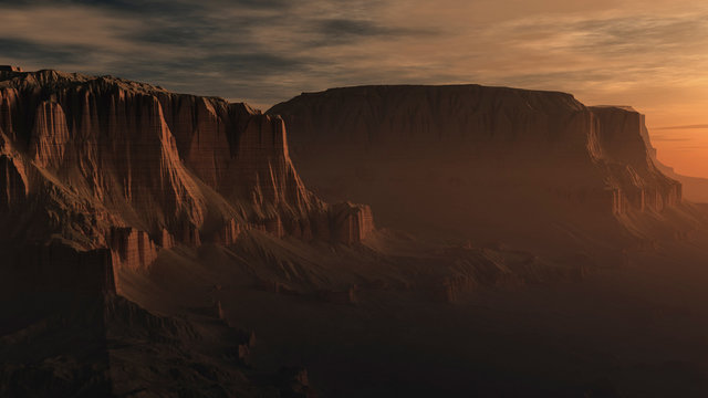 Red Rocks In Desolate Landscape At Sunset. Computer Generated Image.