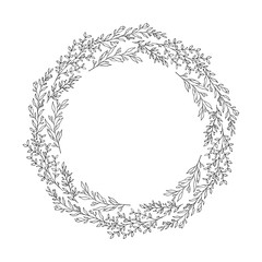 Hand drawn floral branch and herb wreath. Flourish wedding border for invitation card. Vector isolated rustic frame.