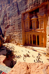 Petra viewpoint in Petra ancient city looking at the Treasury or Al-khazneh, famous travel destination of Jordan and one of seven wonders. UNESCO World Heritage site.