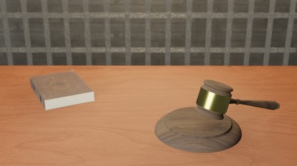 3D illustration of judge gavel on wooden table and cage background