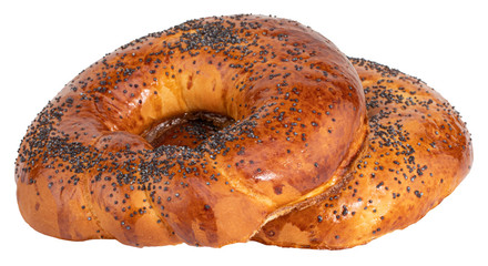 Fresh breakfast bread bagel roll with seeds isolated on white background