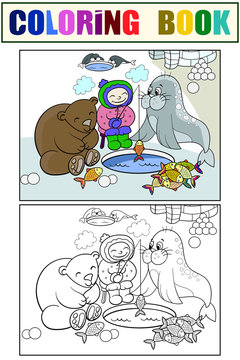 Eskimo boy fishing with animals. Set children coloring book and color picture.