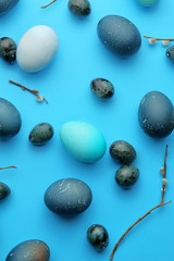 Easter, chicken and quail eggs on a pastel blue background with willow branches. The view from the top. Easter concept.