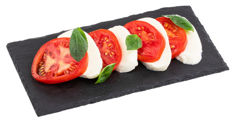 Traditional italian food, sliced tomatoes and mozzarella isolated on white background. Clipping Path