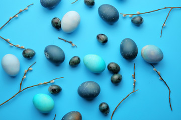 Easter, chicken and quail eggs on a pastel blue background with willow branches. The view from the top. Easter concept.
