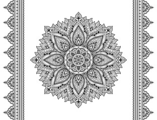 Set of mandala pattern and seamless border for Henna drawing and tattoo. Decoration in ethnic oriental mehndi, Indian style. Doodle ornament in black and white. Hand draw vector illustration.