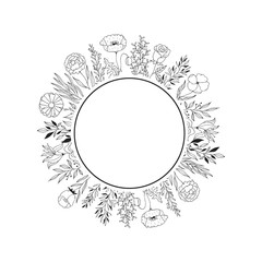 Obraz premium Floral round frame with branches, flowers and herbs. Elegant decor for wedding invitations. Vector isolated spring flourish border. 