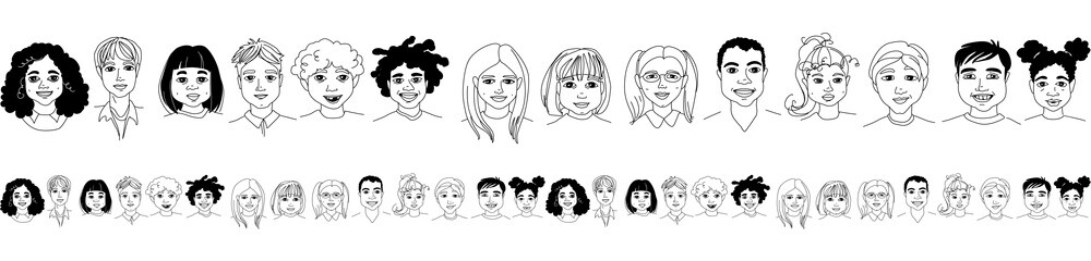 Kid's diversity head portraits line drawing doodle seamless border pattern